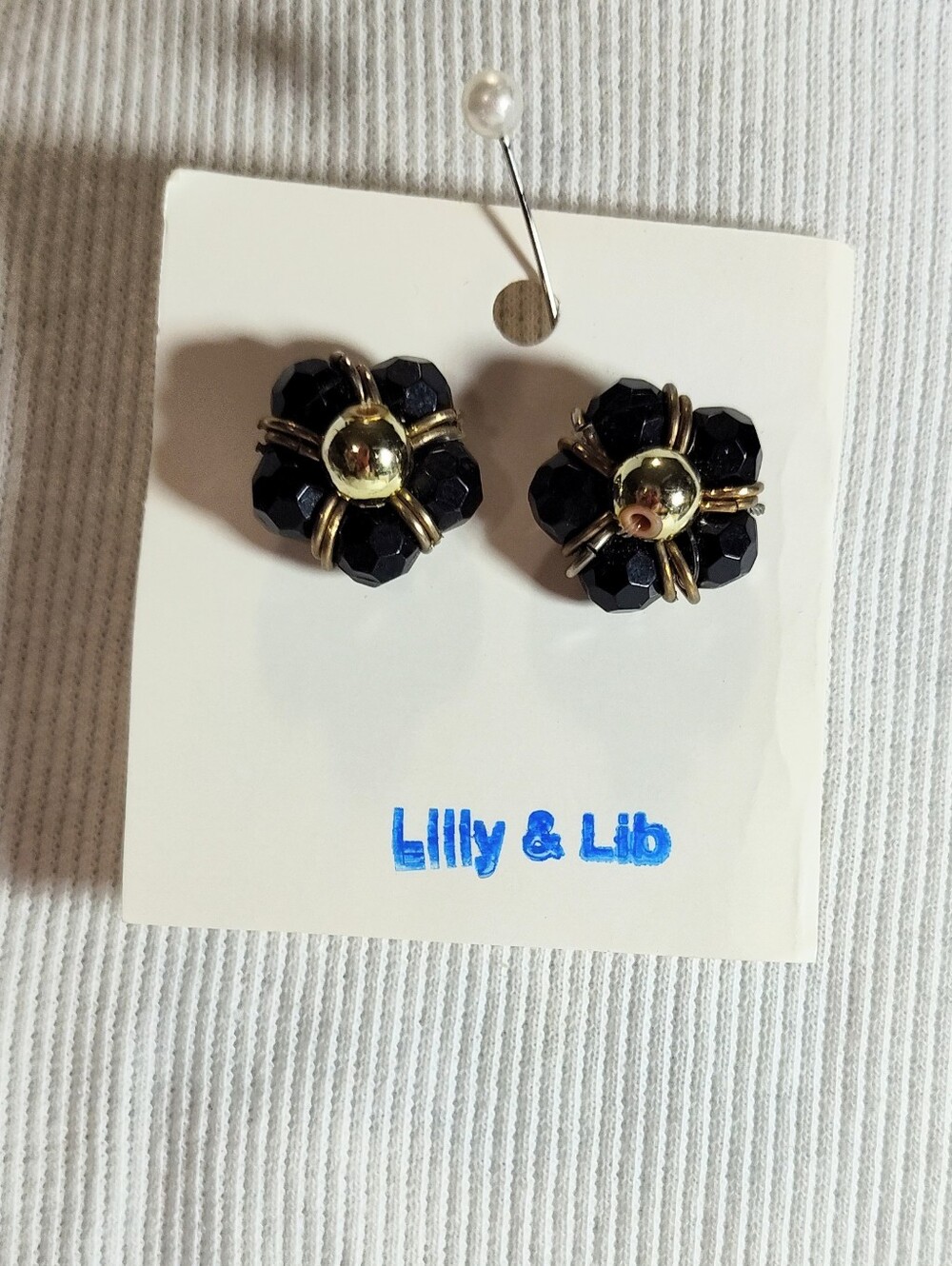 Lilly & Lib Black Bead Flower Clip-On Earrings with Gold Accents
